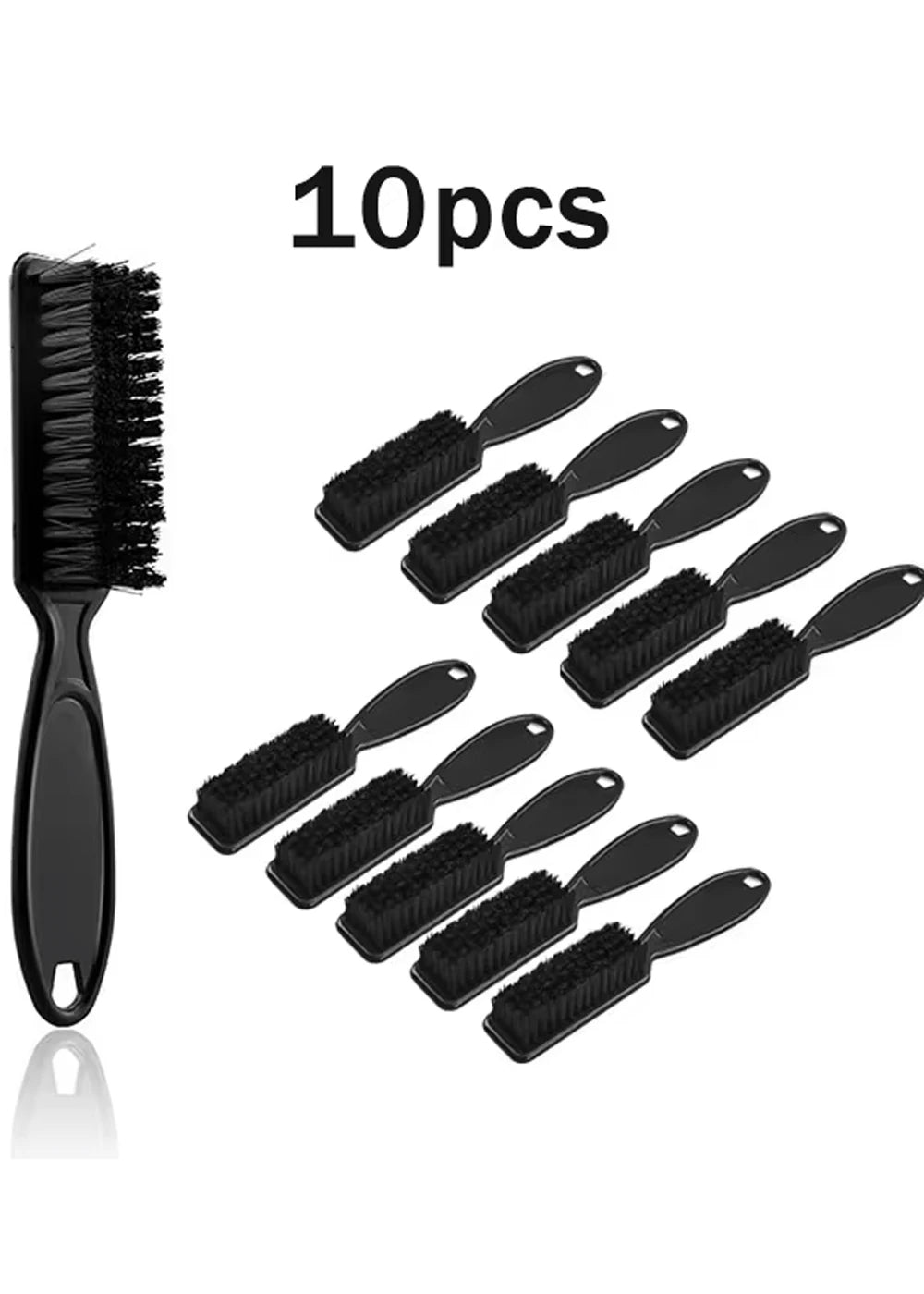 A set of 10 black grooming brushes for wigs and beards, including a large comb-like brush.