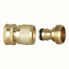 A set of two solid brass garden hose quick connectors, one male and one female.