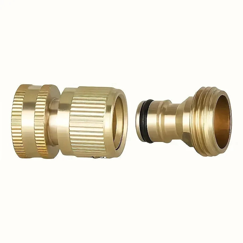A set of two solid brass garden hose quick connectors, one male and one female.