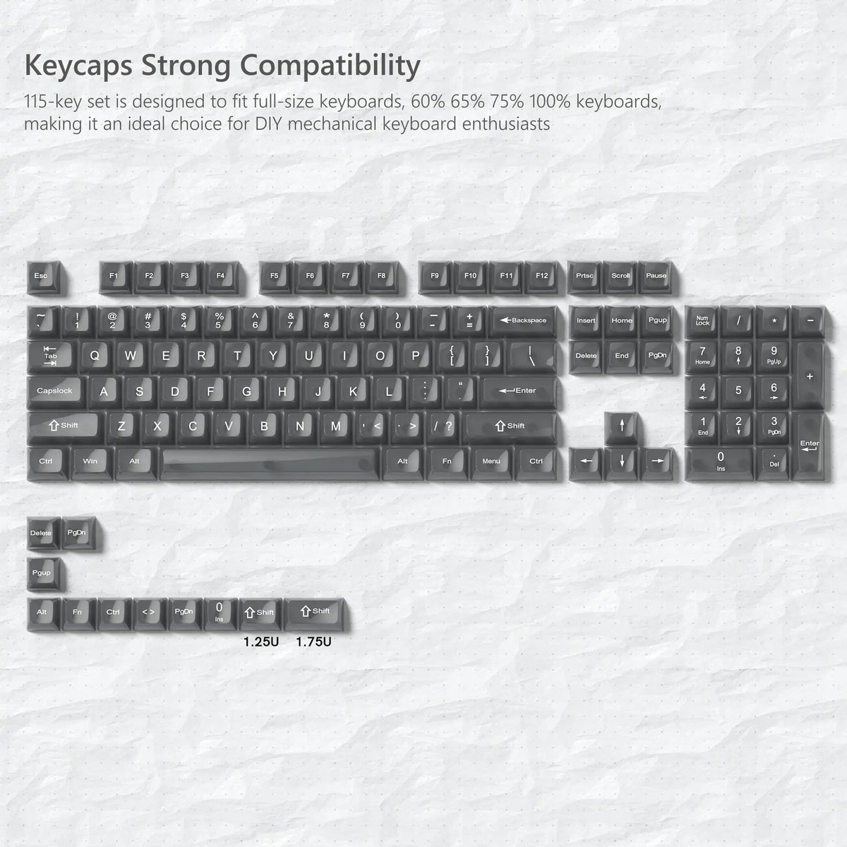 A set of 115 keycaps for a mechanical keyboard, featuring various layouts and profiles.