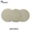 A set of three beige car polishing wool pads with foam backing for scratch removal.