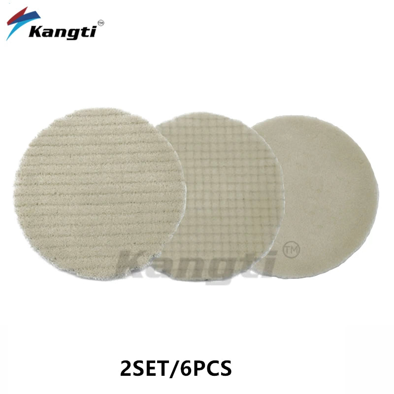 A set of three beige car polishing wool pads with foam backing for scratch removal.