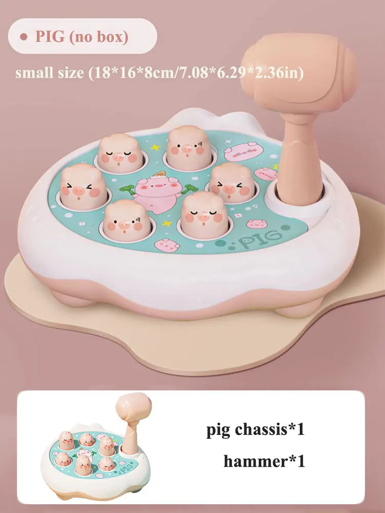 A small pig-themed pounding toy with multiple animal figures, including a hammer, shown on a light pink background.