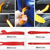 A set of auto trim removal tools in red and yellow plastic with storage bags shown in various angles.