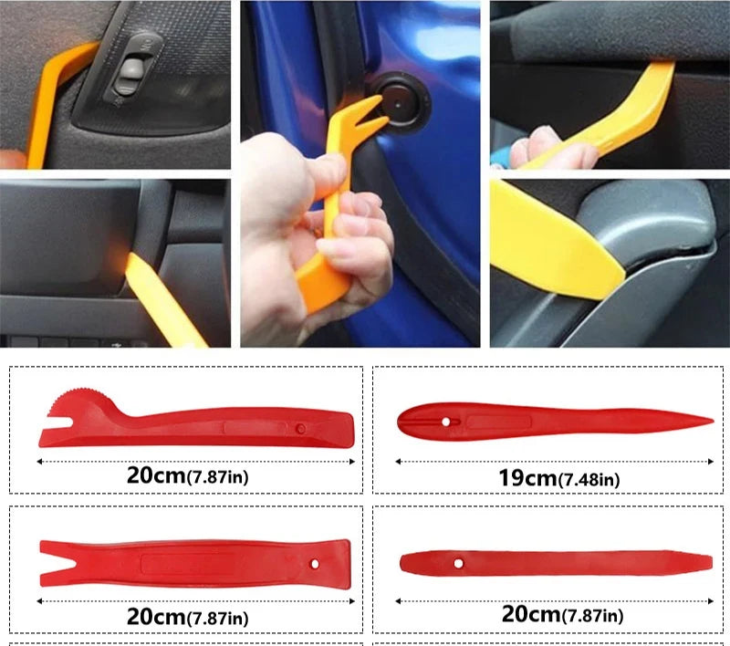 A set of auto trim removal tools in red and yellow plastic with storage bags shown in various angles.