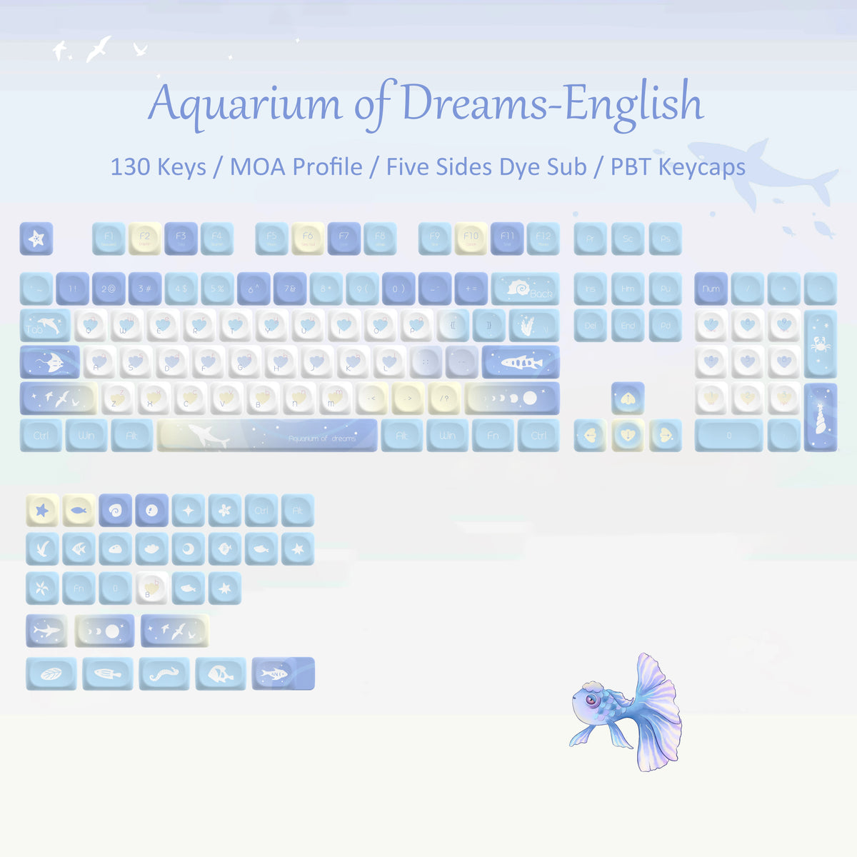 A collection of light blue and white PBT keycaps featuring various ocean and sea life designs for mechanical keyboards.