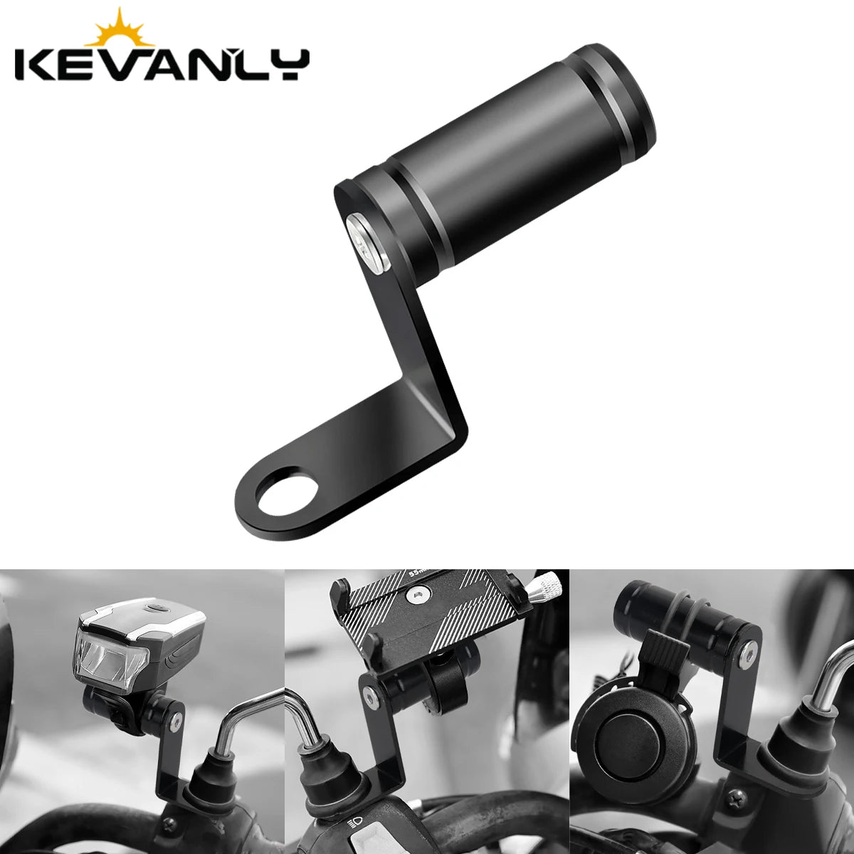 A black universal aluminum alloy phone mount designed for motorcycle and bicycle handlebars.