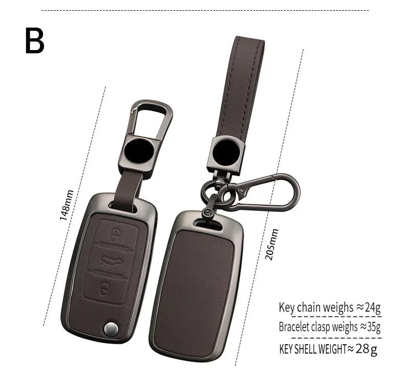A dark brown durable alloy key case cover for a car, shown with attached chain and bracelet.