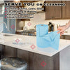 A hand is holding a roll of blue reusable ultra-fine fiber tear-off cleaning towel for various surfaces.