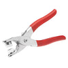 A pair of red-handled pliers with metal buttons for clothes and DIY projects.