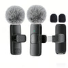 A black USB-C wireless lavalier microphone with a fuzzy windscreen and accessories shown on a white background.