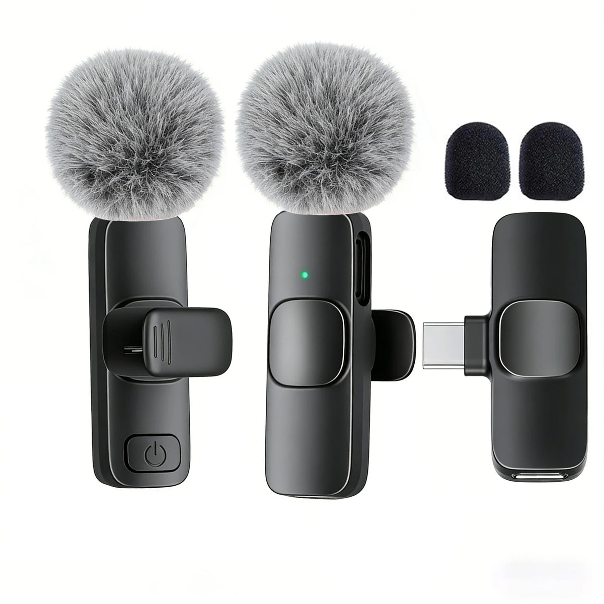 A black USB-C wireless lavalier microphone with a fuzzy windscreen and accessories shown on a white background.