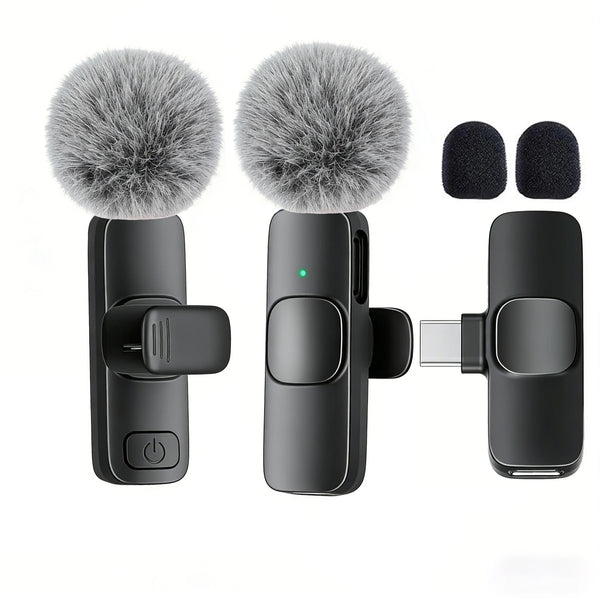 A black USB-C wireless lavalier microphone with a fuzzy windscreen and accessories shown on a white background.
