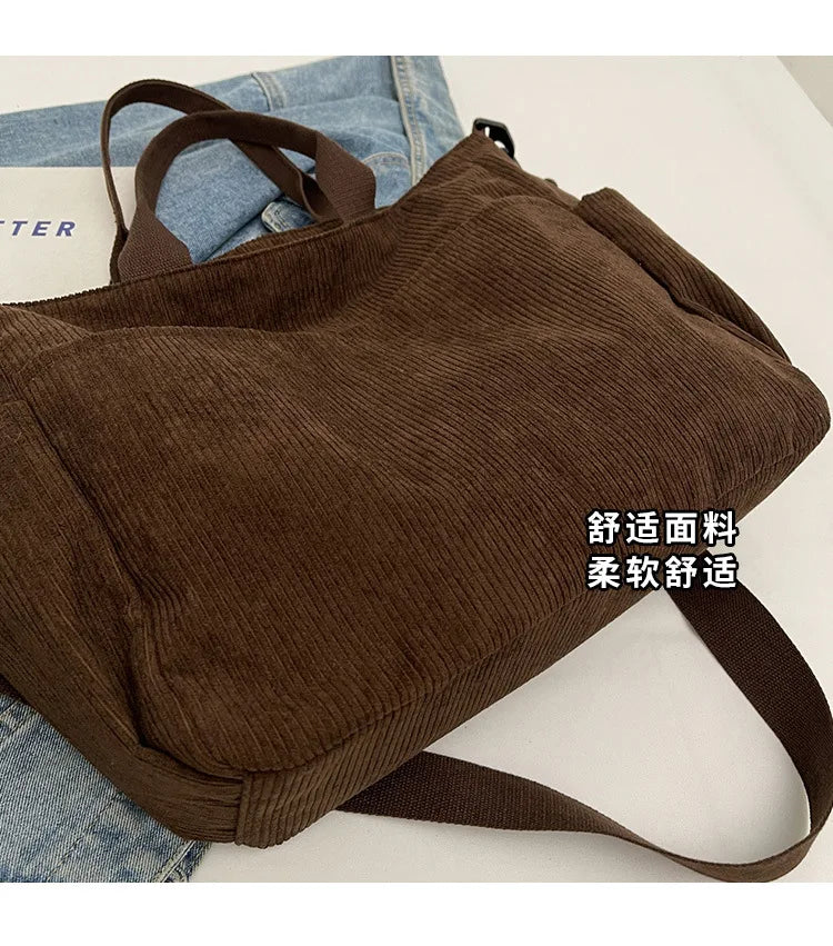 Multi-Pocket Corduroy Tote Bag – Large Capacity Casual Satchel for Travel, Work & Commute
