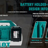 A battery holder rack with six slots designed for neatly storing power tool batteries.