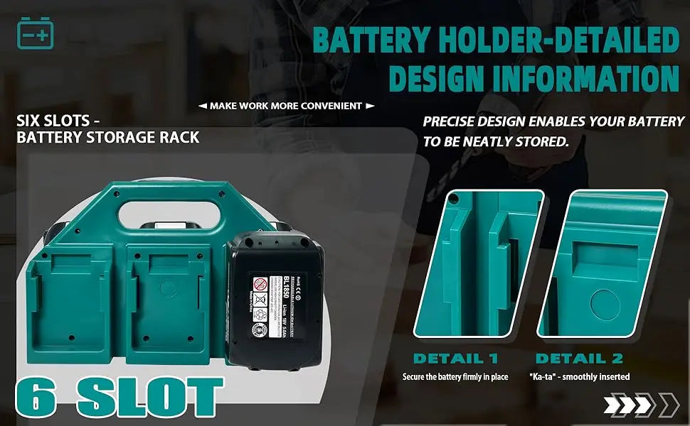 A battery holder rack with six slots designed for neatly storing power tool batteries.