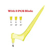 Yellow precision craft knife with three replacement blades shown at various angles