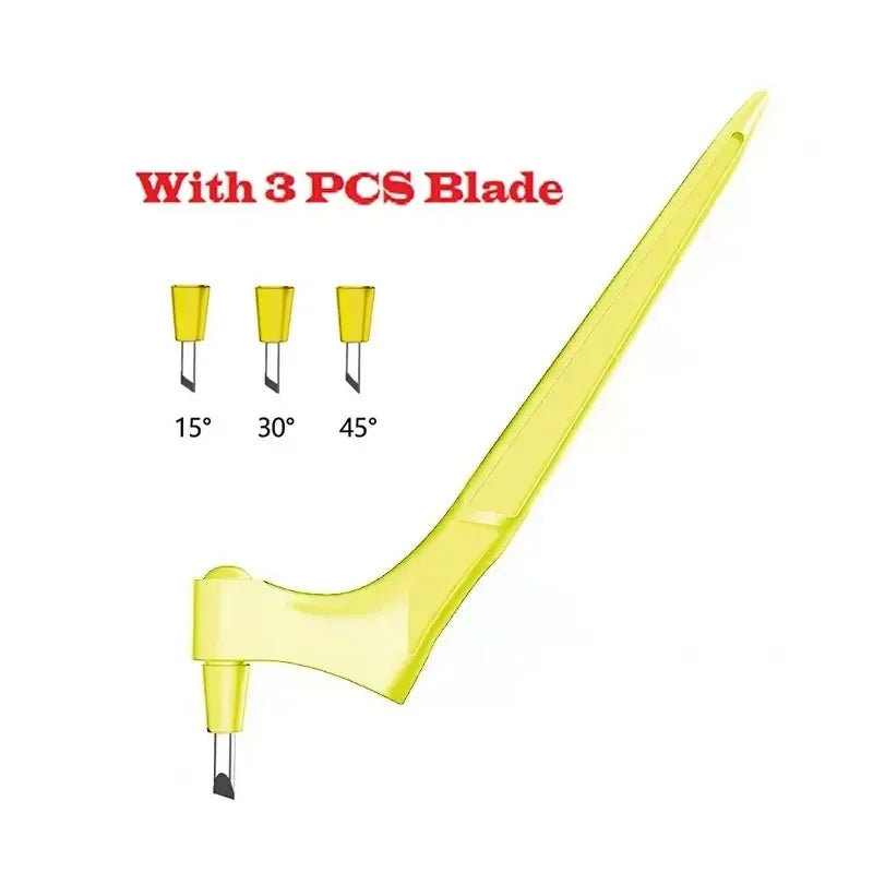 Yellow precision craft knife with three replacement blades shown at various angles