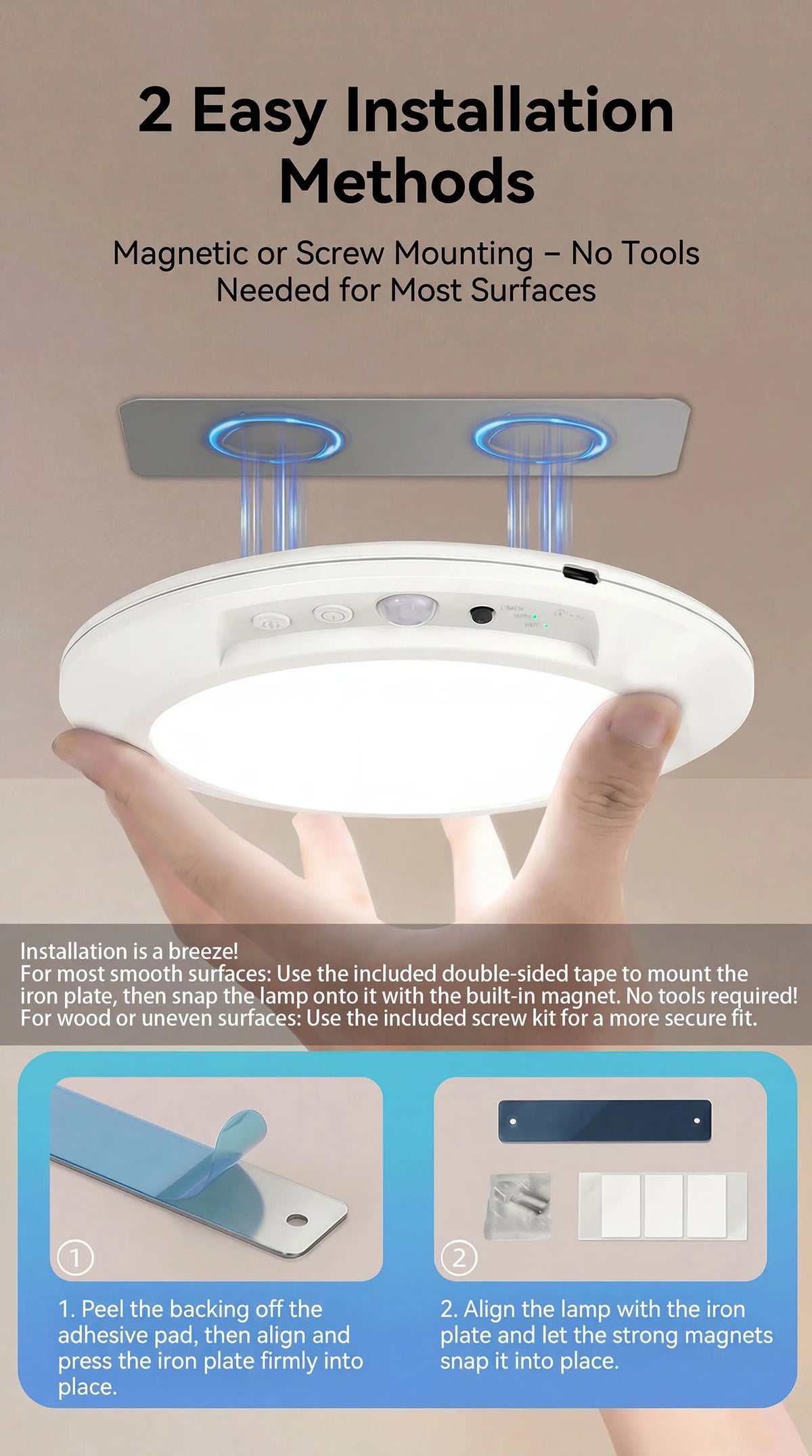 Hands demonstrate the easy installation of a white ceiling light using magnetic mounting methods.