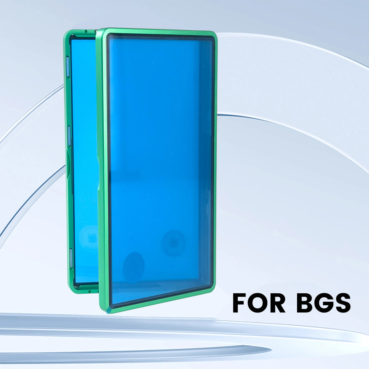 A bright blue protective display case for trading cards with a green frame shown against a white background.