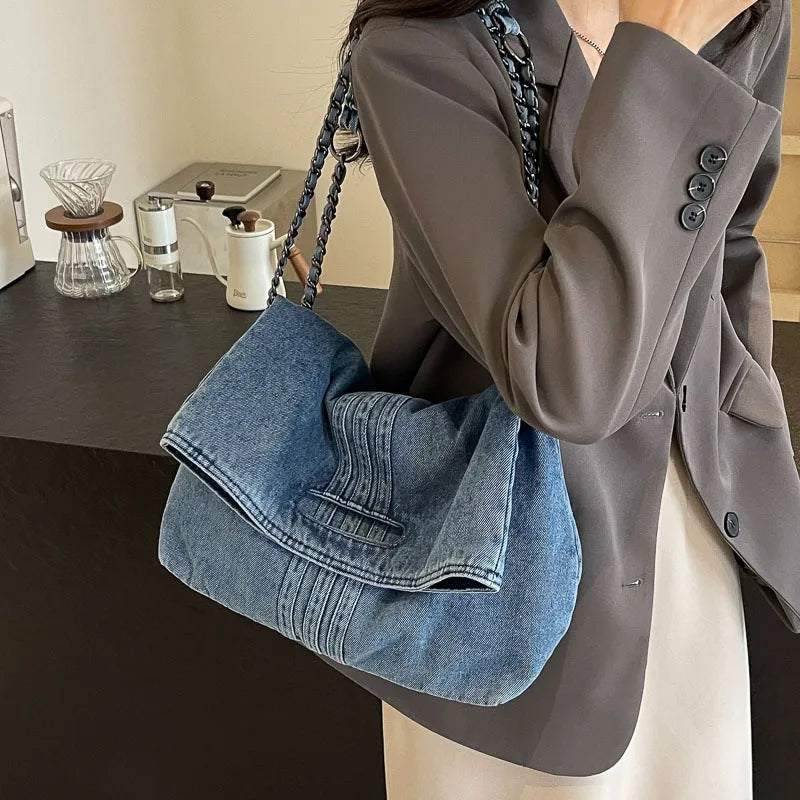 Oxford Denim Tote Bag with Chain Strap