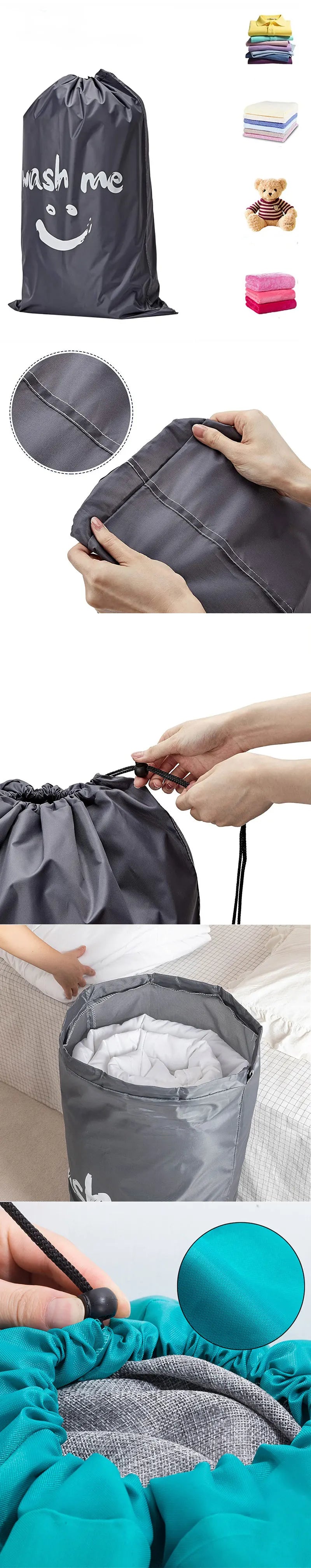 A gray drawstring laundry bag is shown being filled with white fabric inside a light-colored bag.