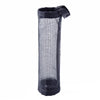 A black wall-mounted mesh bag dispenser for trash bags.