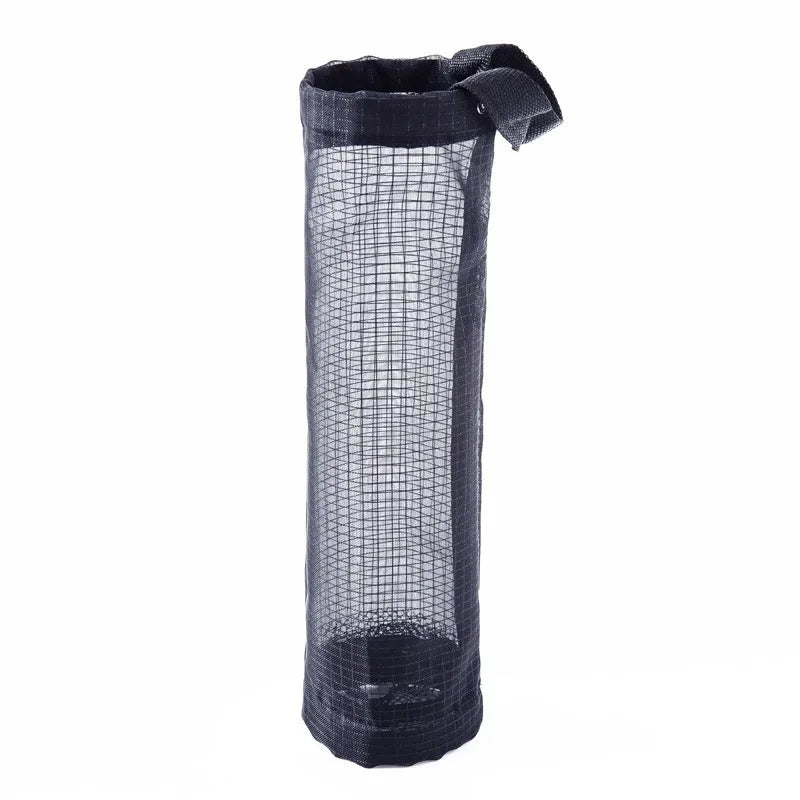 A black wall-mounted mesh bag dispenser for trash bags.