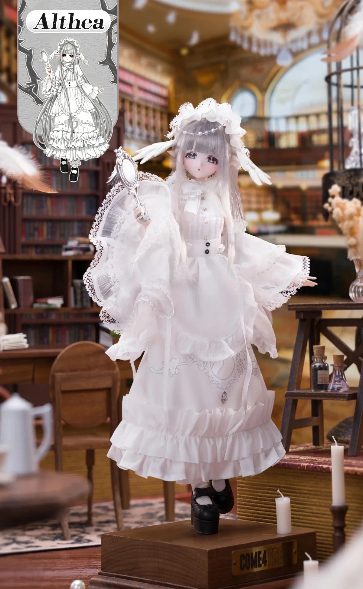 A white, frilly doll with long hair and a lace dress stands in an antique setting.