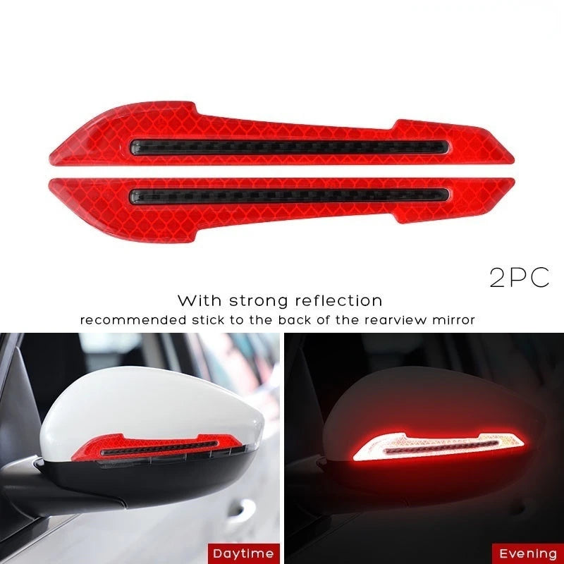 Two red reflective safety strips for the back of a rearview mirror, shown in daytime and evening light.