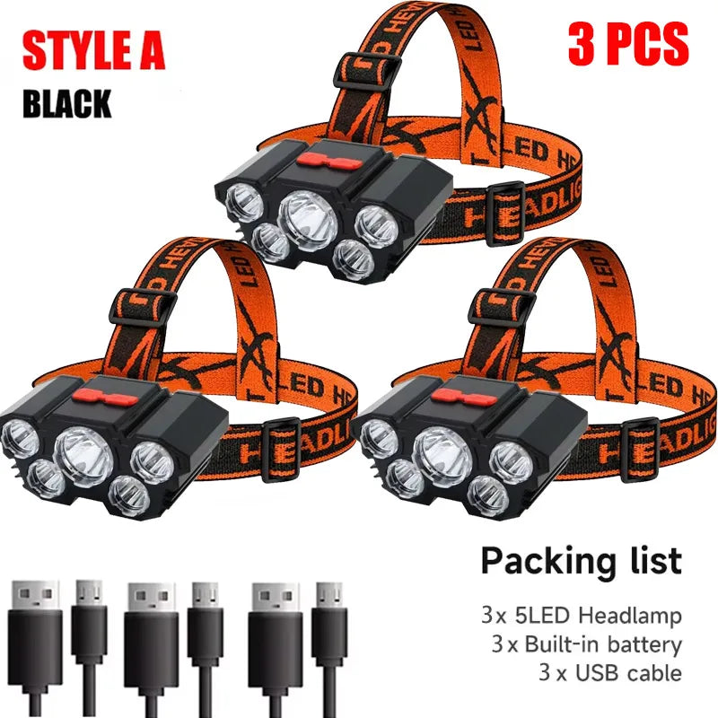 Black style A LED headlamps in orange straps with a packing list showing 3 headlamps, batteries, and USB cables.
