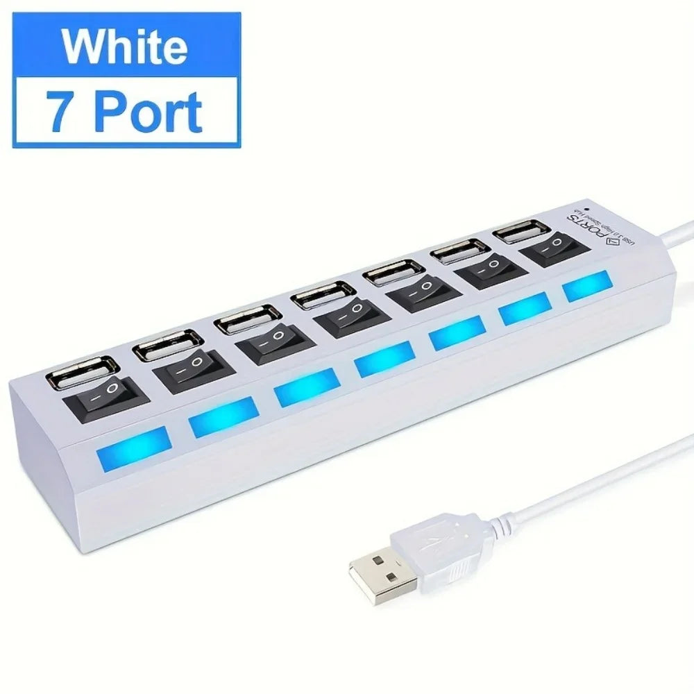 7-Port USB 2.0 Hub with Power Adapter and On/Off Switches