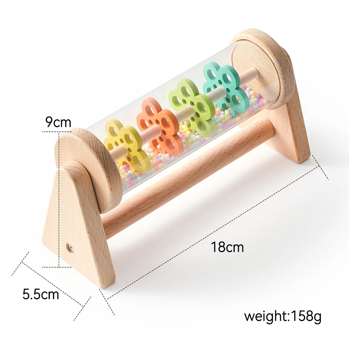 A wooden sensory toy featuring colorful, interlocking rings and rattles for babies.