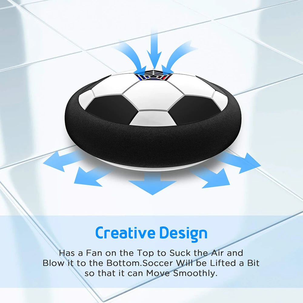 An LED hover soccer ball with an air cushion technology shown floating above a tiled surface.