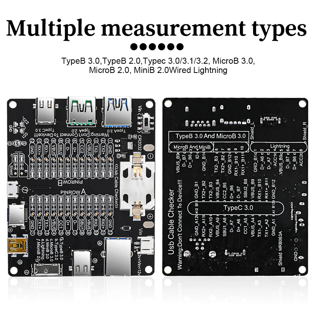 A board displaying multiple measurement types including TypeB, TypeC, MicroB, and Lightning connectors.