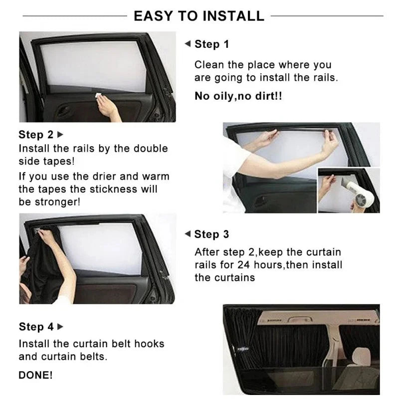 Step-by-step instructions showing how to install curtain rails and belts in a car window.