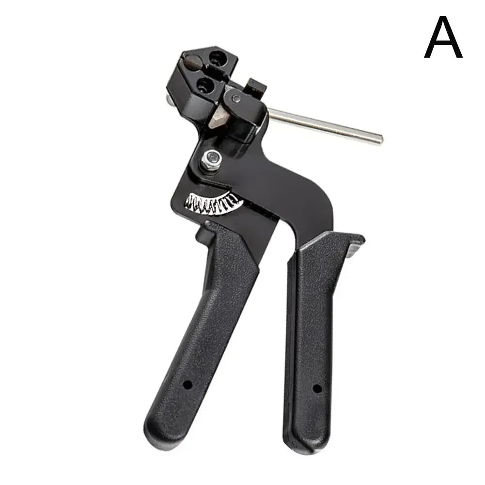 A black heavy-duty stainless steel cable tie gun and ties kit.