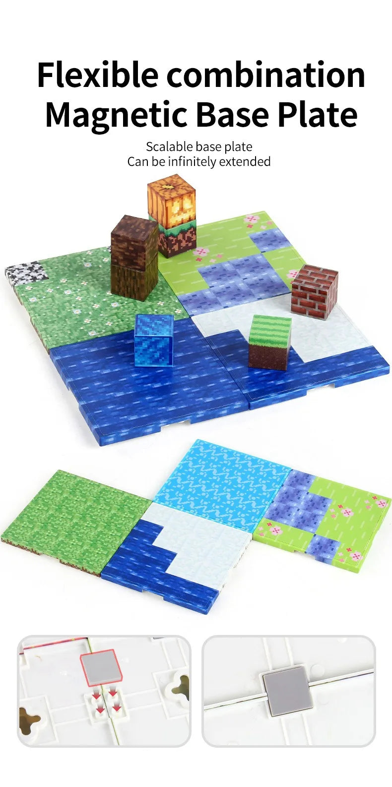 Flexible combination magnetic base plate set showing various colored and textured plates and magnetic components