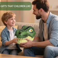 A boy is holding a green dinosaur figurine from a 46-piece set while sitting with an adult.