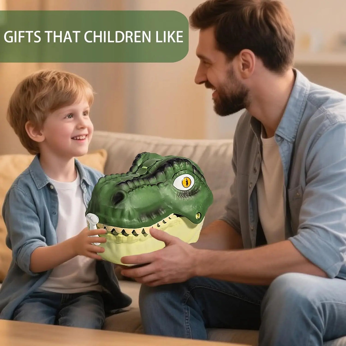A boy is holding a green dinosaur figurine from a 46-piece set while sitting with an adult.