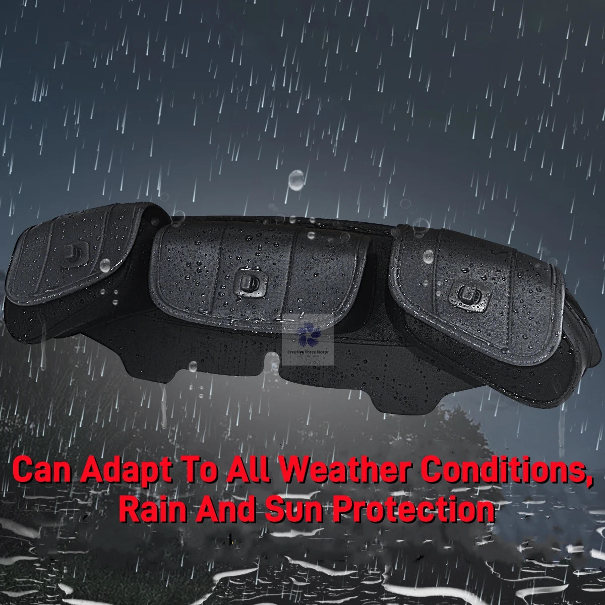 Black waterproof pouch for motorcycle windshield storage, designed for rain and sun protection.