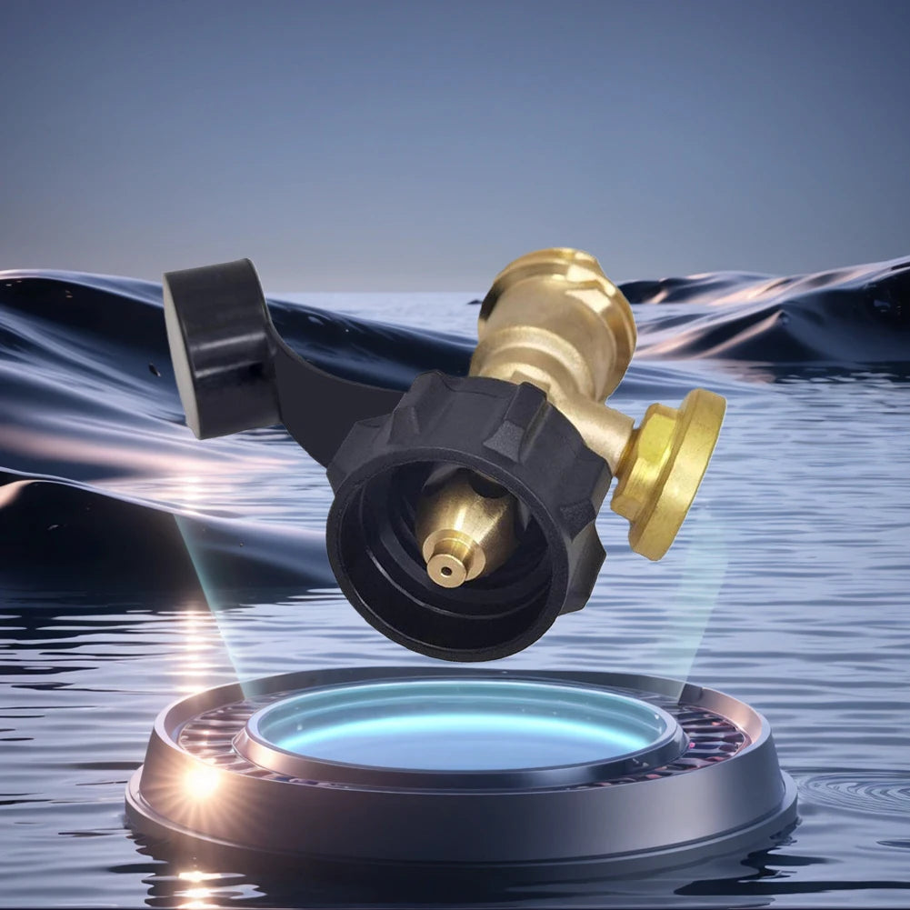 A digital propane tank gauge with a leak detector is shown floating above water, positioned over a circular sensor.
