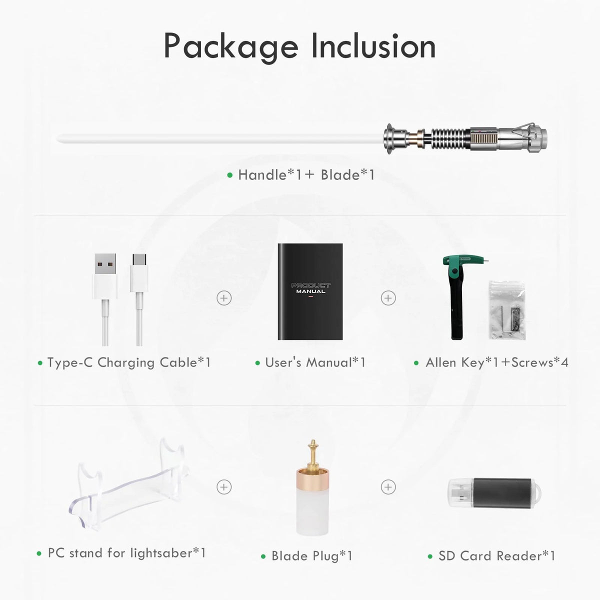 Package inclusion showing a lightsaber, charging cable, user manual, Allen key, screws, PC stand, and SD card reader.