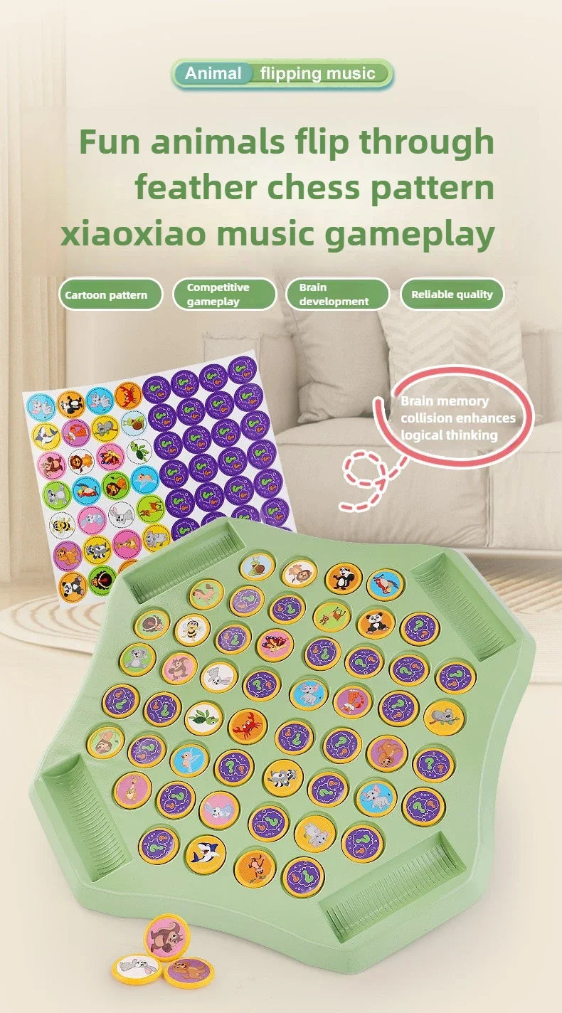 A green plastic board with colorful animal pieces is shown, used for a flipping music game.