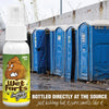 A bottle of Wet Farts by Laughing Smell is shown in front of a row of blue toilet-like containers outdoors.
