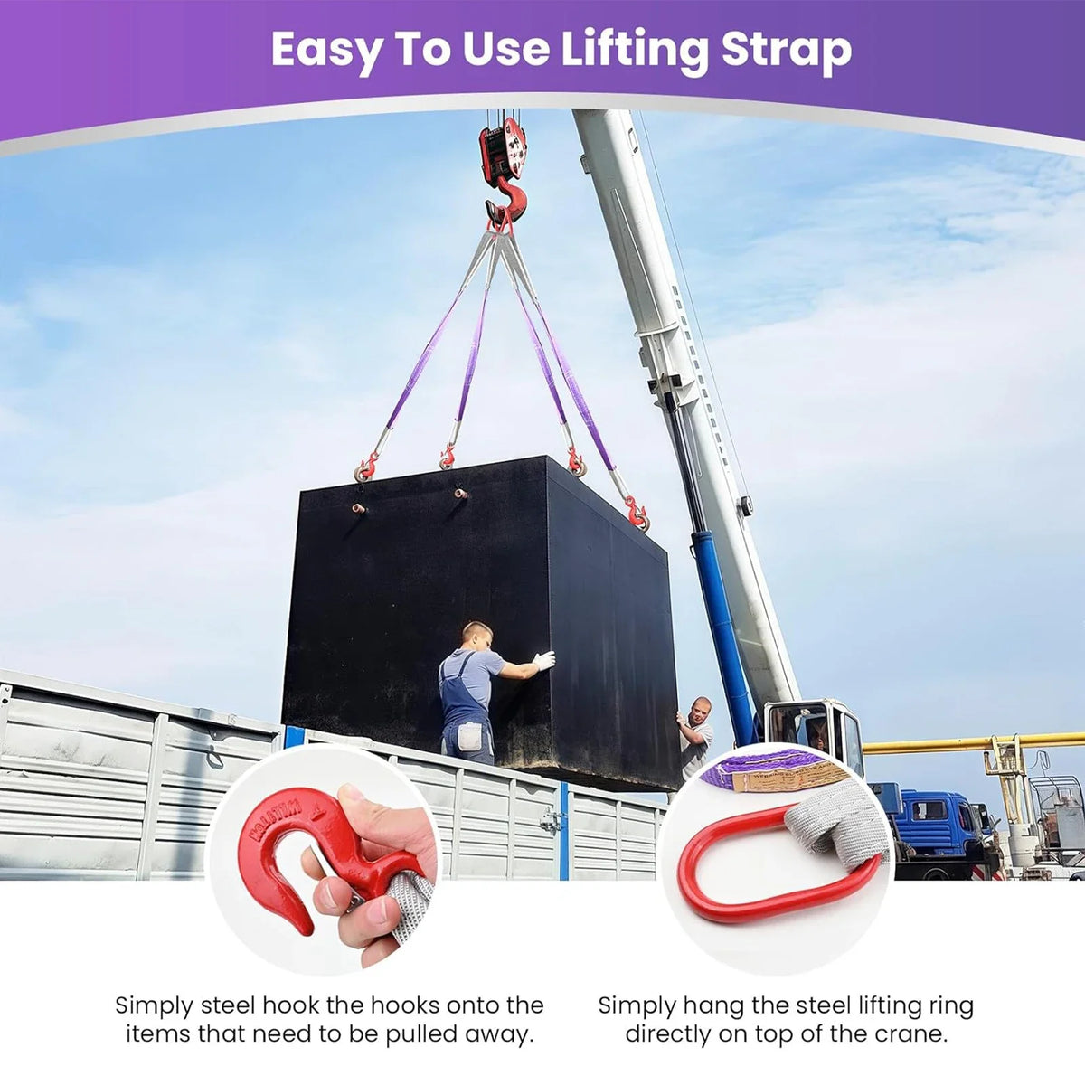 A lifting strap is shown being used to hoist a large black box onto a crane hook.