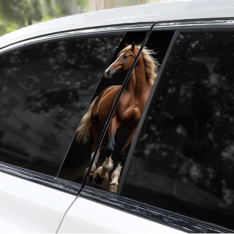 A close-up view of a brown horse silhouette decal applied to the side window of a white car.