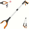 A long, black and orange heavy-duty reacher grabber tool with a rotating clamp and a hanging loop.