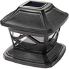A black solar post cap light with a glass lens and warm LED for outdoor lighting.