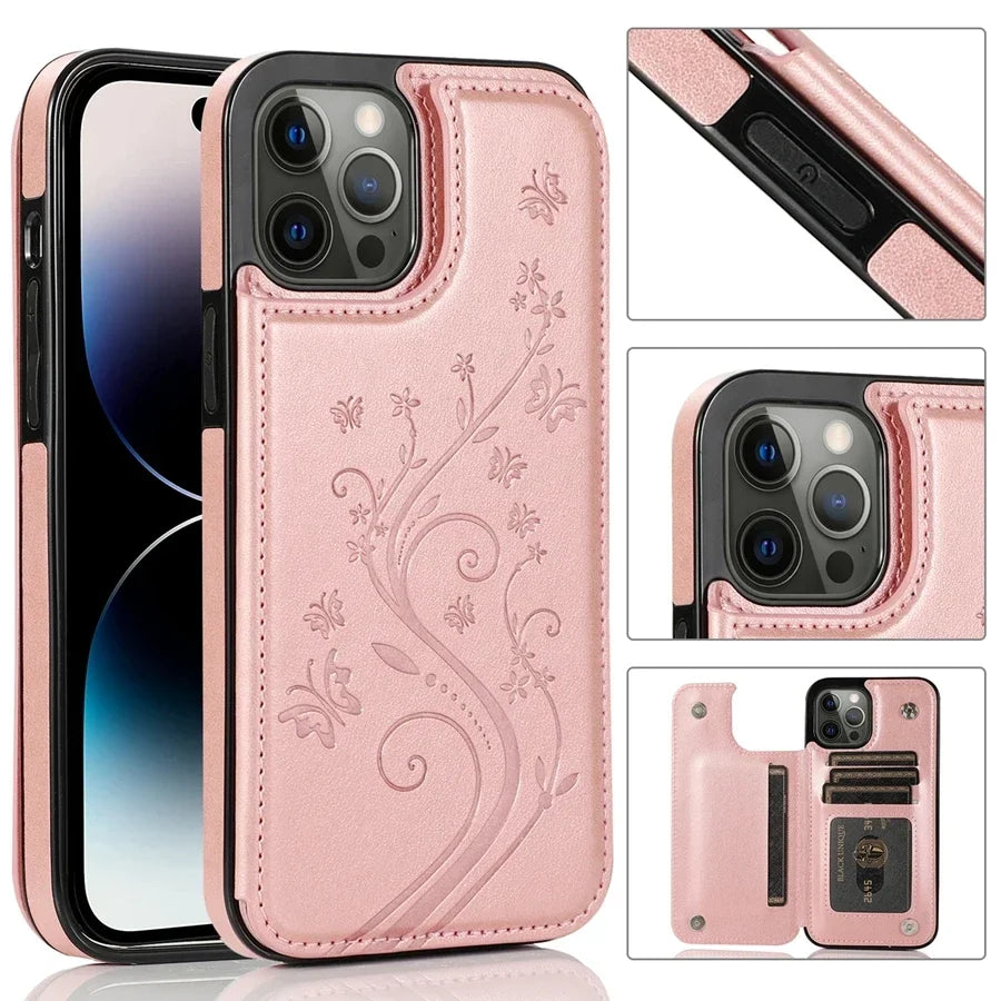Butterfly Embossed Leather Wallet Case with Magnetic Flip Closure